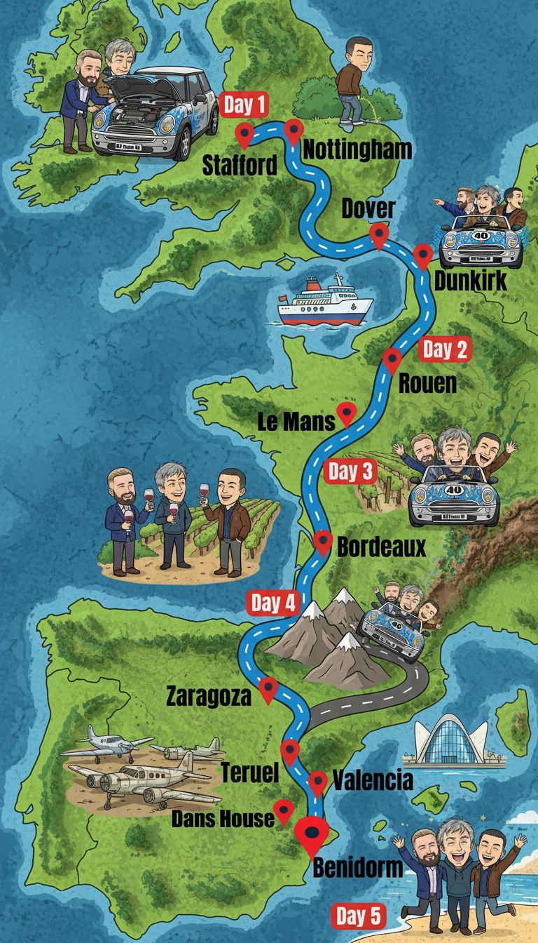 Full route map from Stafford to Benidorm with illustrated trip highlights